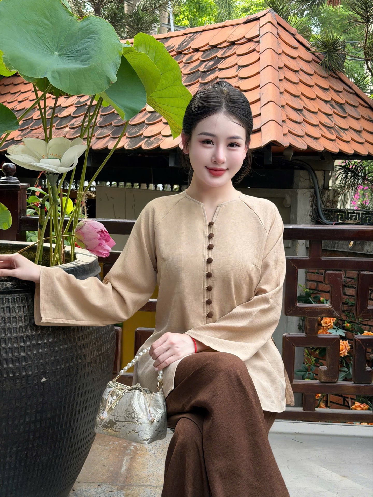 Bộ lam cổ V cúc bọc