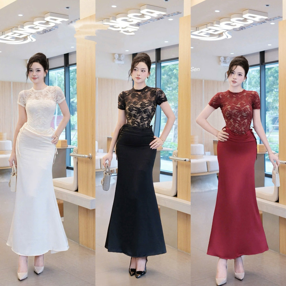 Đầm thiết kế ren body cổ tròn dáng dài thanh lịch
