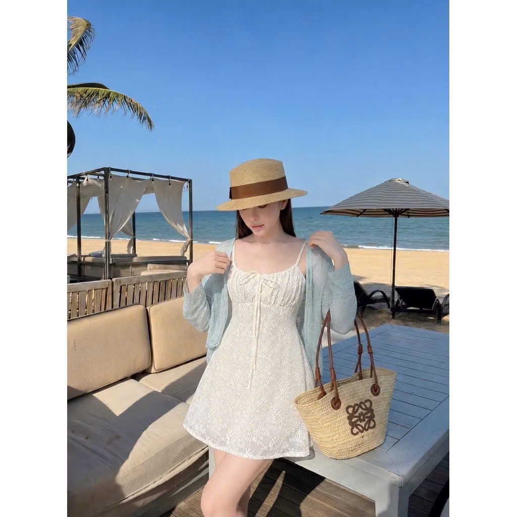 Đầm 2 dây ren cột nơ ngực kèm khoác ngoài