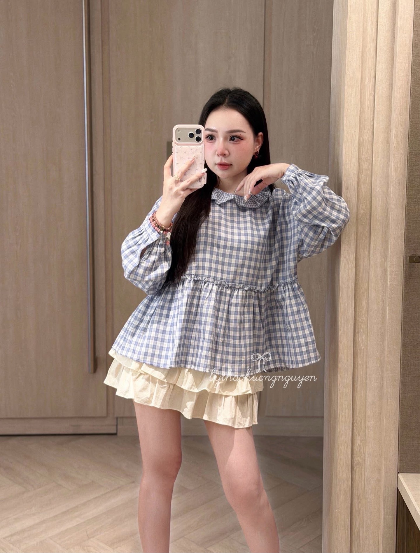 Set babydoll caro kèm chân váy tầng