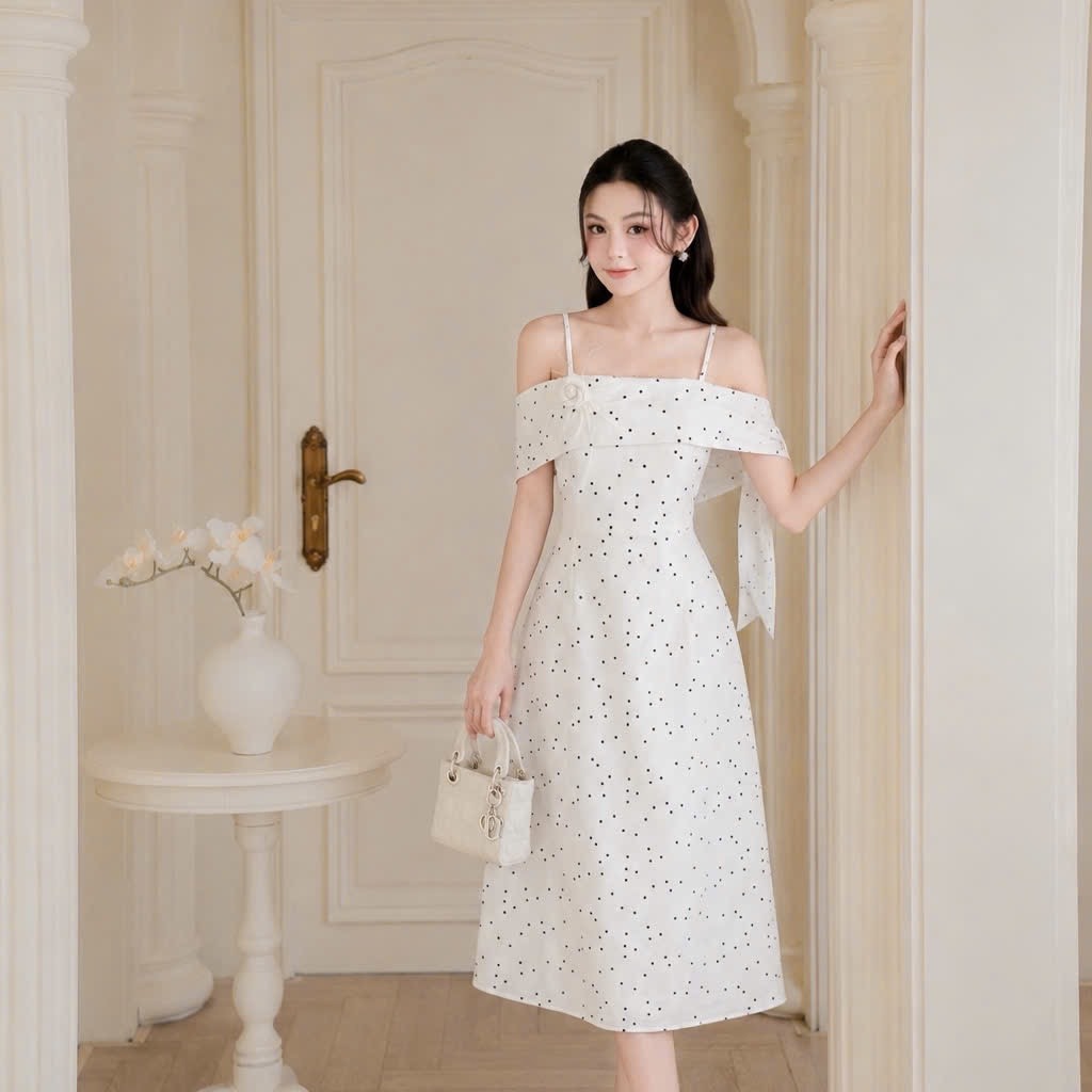 Đầm thiết kế 2 dây trễ vai nơ bên vai chấm bi