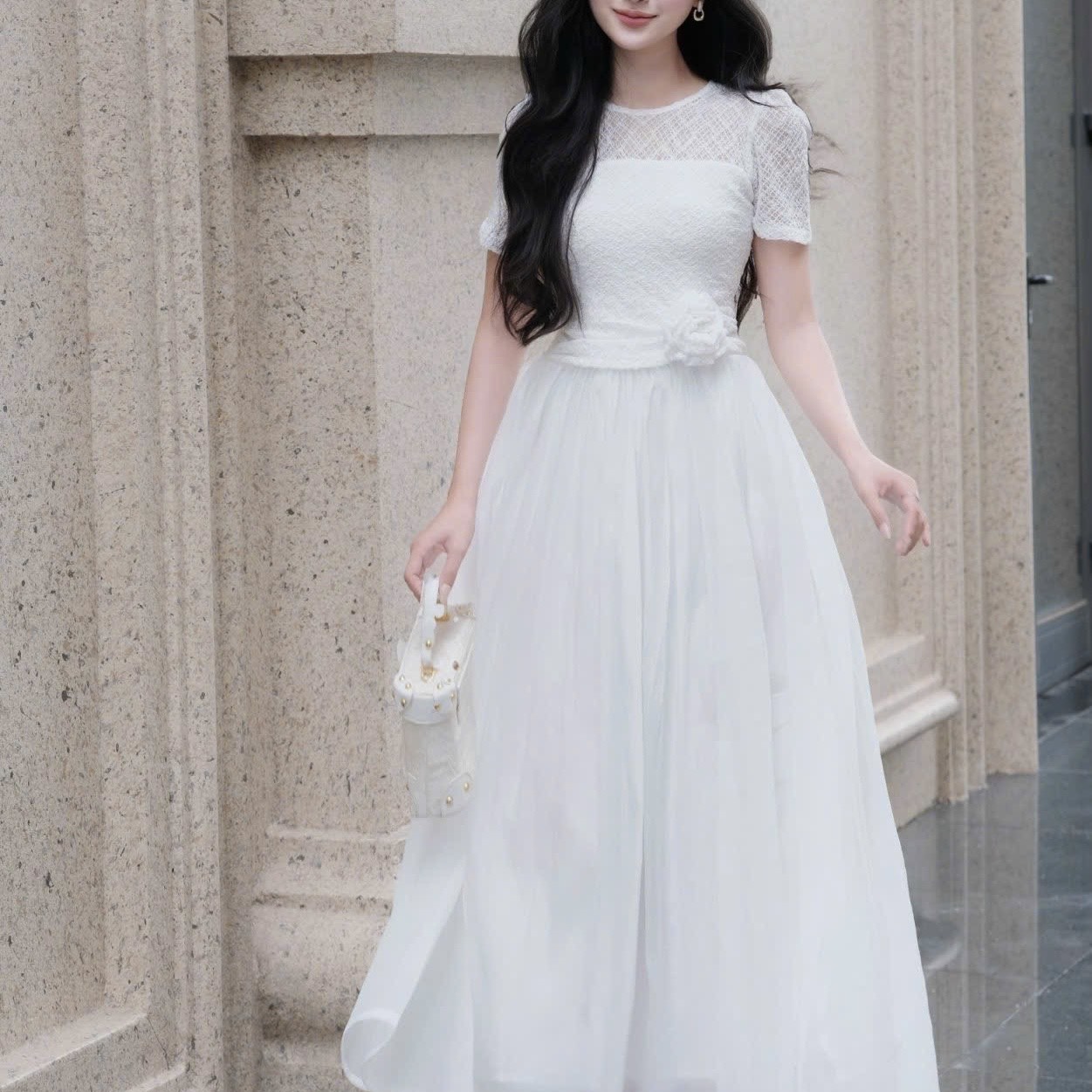 Đầm cổ tròn phối ren dáng dài xoè cao cấp tay ngắn đi tiệc 3 màu kem/ trắng/đen