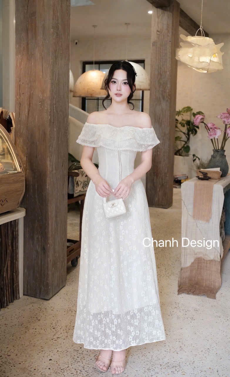 Đầm thiết kế trễ vai ren tầng