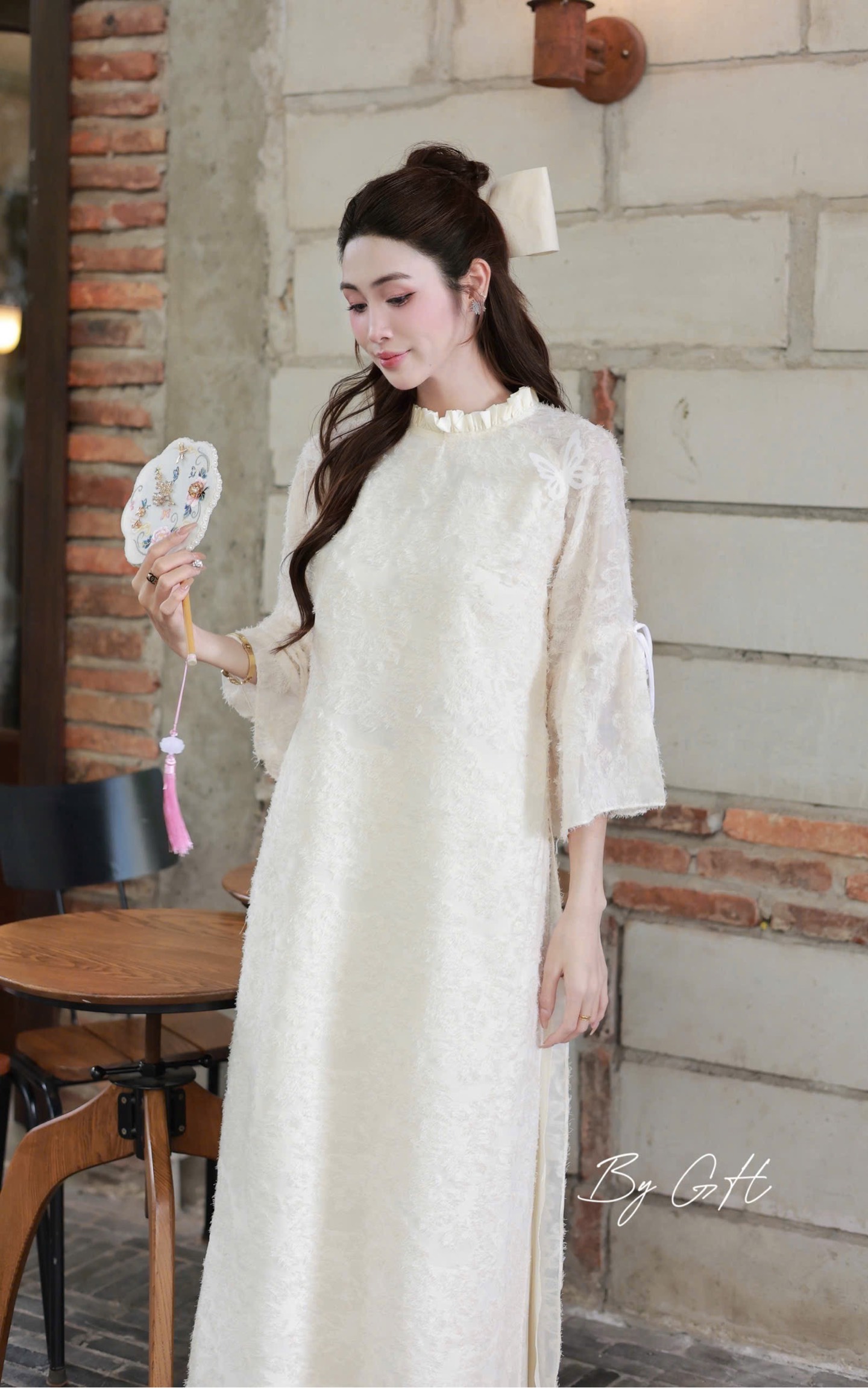 Áo dài tơ lông cổ bèo tay nơ