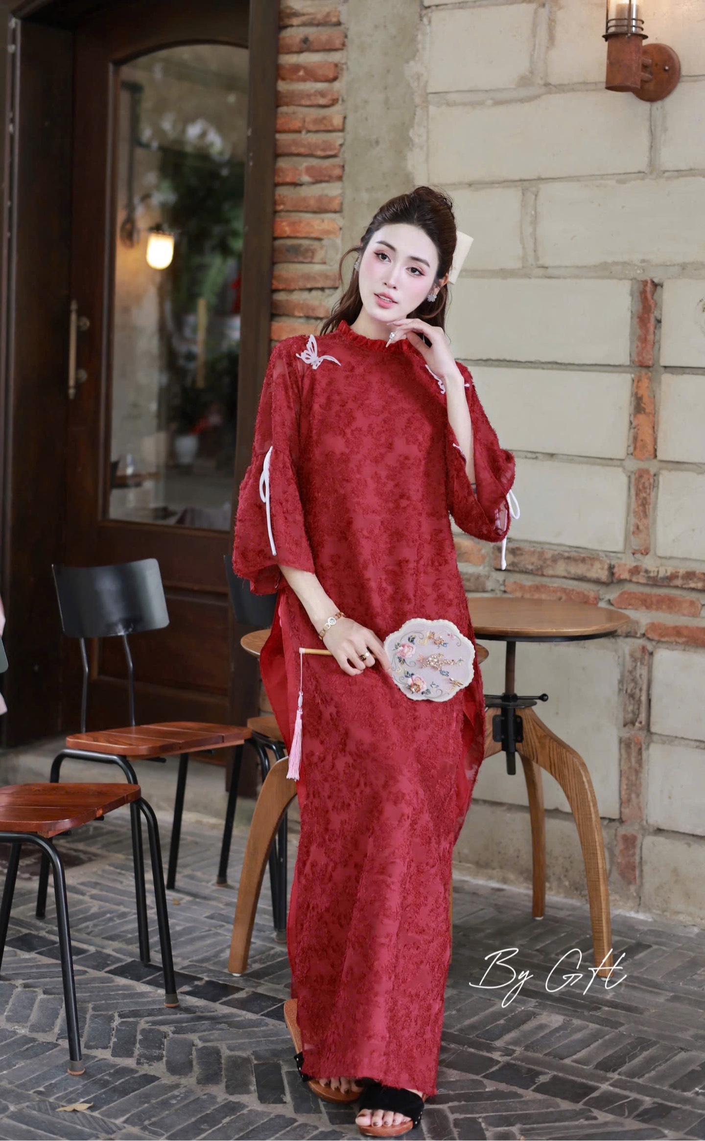 Áo dài tơ lông cổ bèo tay nơ