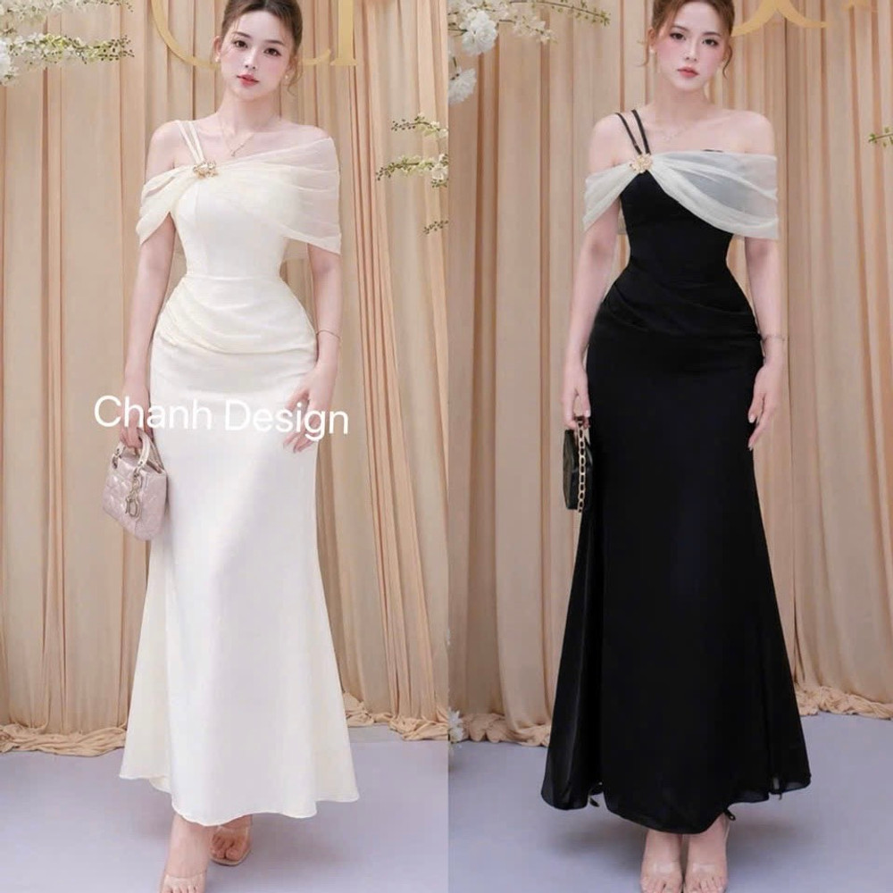 Đầm thiết kế lụa body trễ vai phối voan