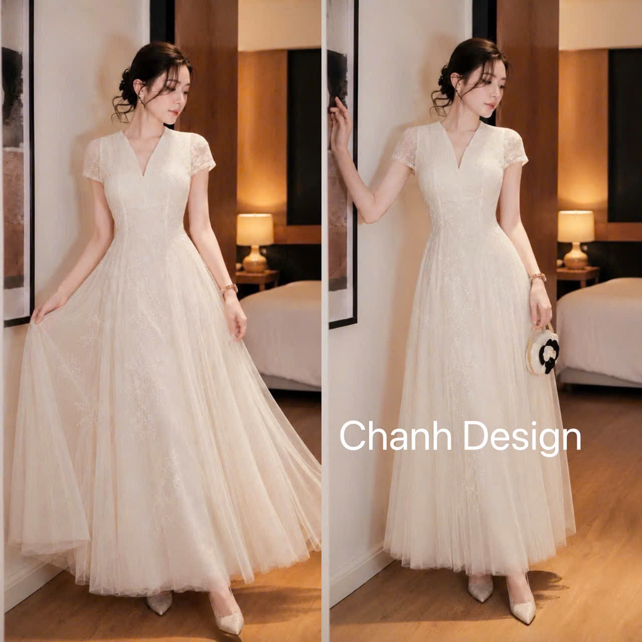 Đầm thiết kế ren tay ngắn tùng xoè