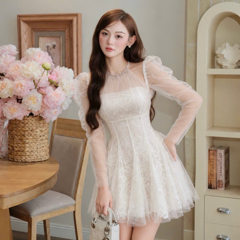 Đầm thiết kế cổ yếm đính đá tay dài dáng ngắn