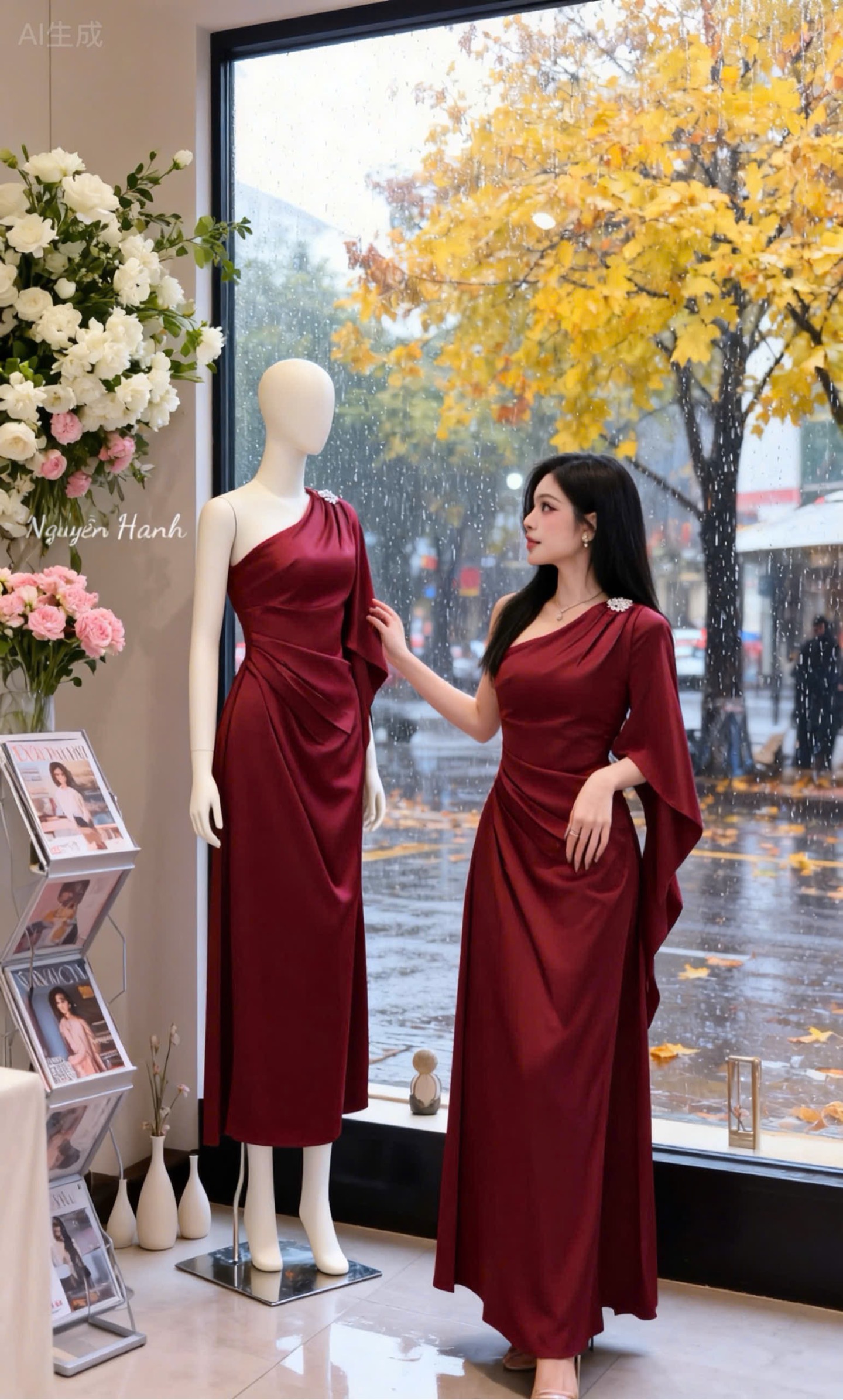 Đầm lụa chéo vai tag đá
