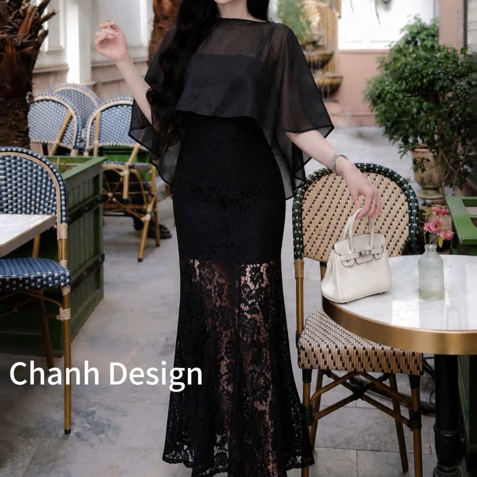 Đầm thiết kế 2 dây ren kèm áo choàng voan