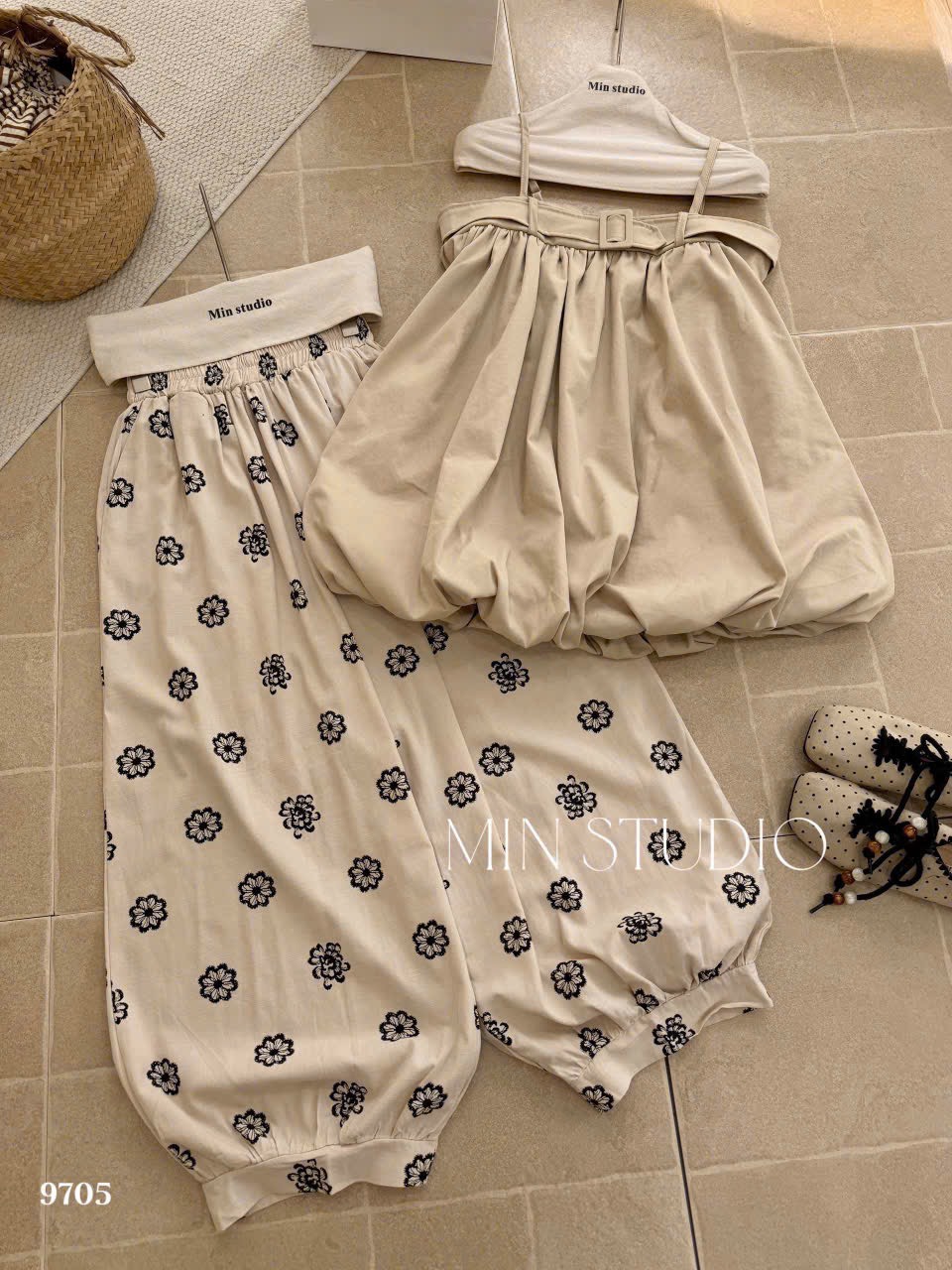 Set áo 2 dây babydoll kèm quần hoa dài
