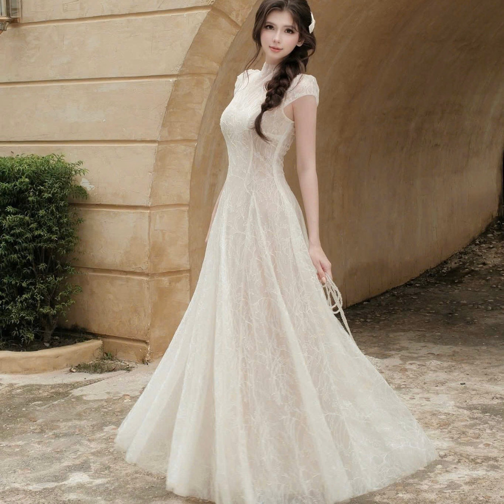 Đầm thiết kế ren cao cổ dáng dài xoè