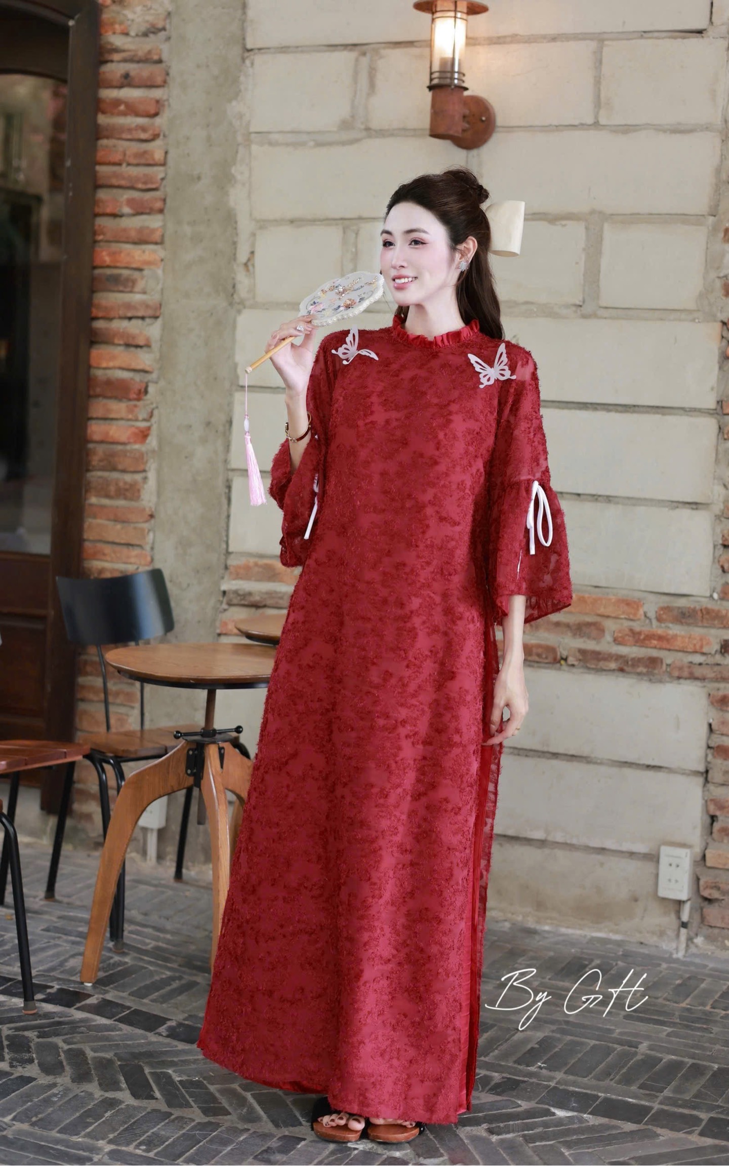 Áo dài tơ lông cổ bèo tay nơ