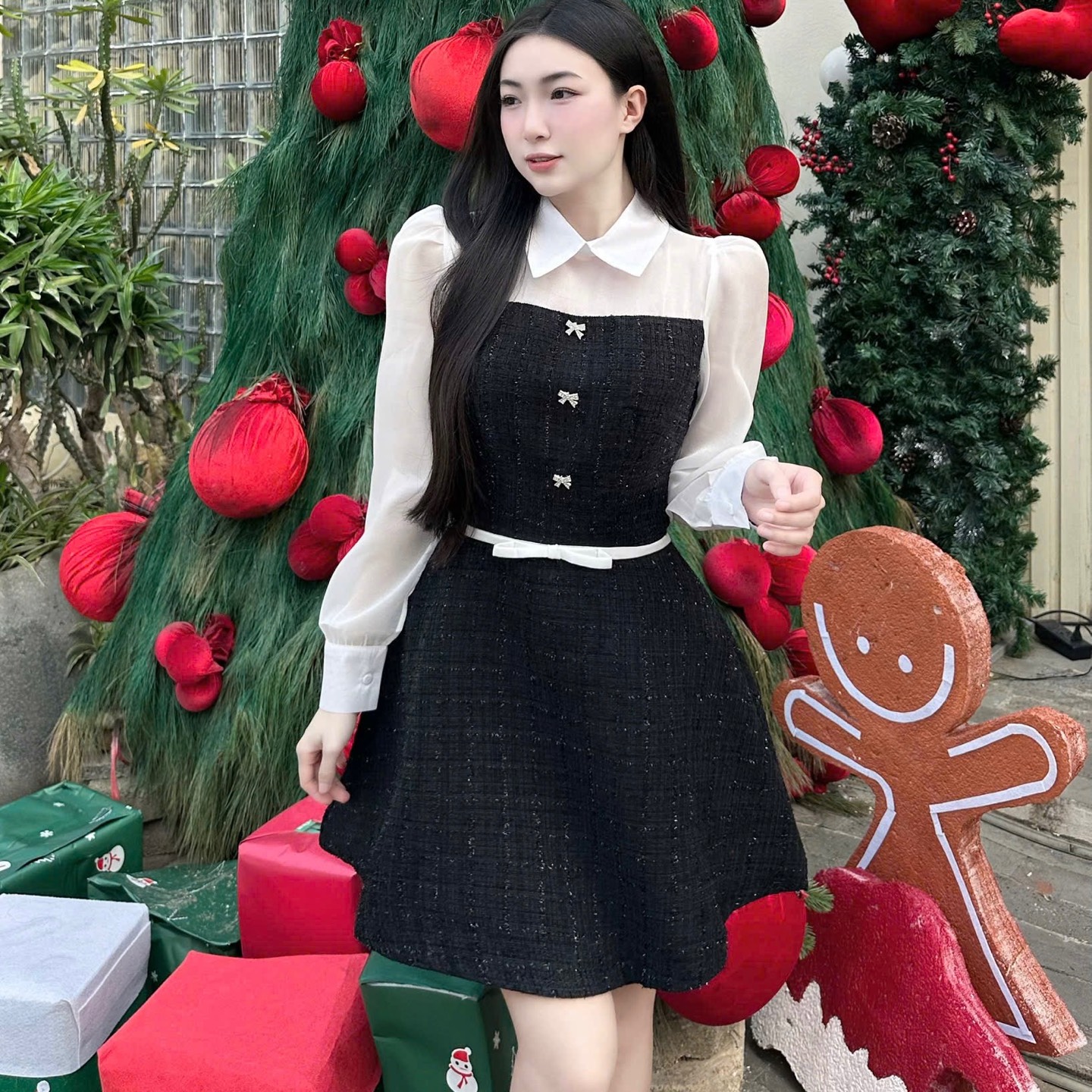 Đầm thiết kế dạ cao cấp phối tơ sang chảnh