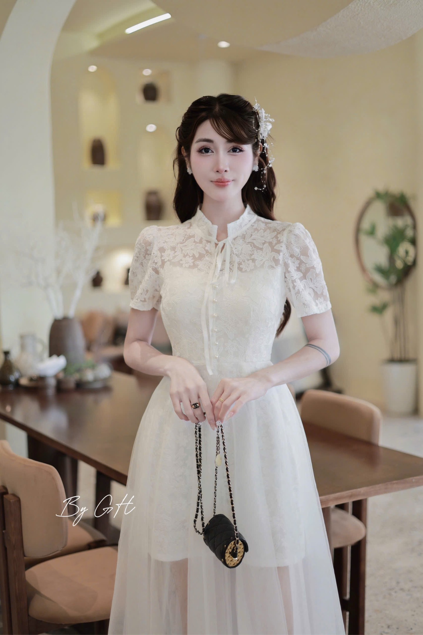 Đàm ren khuy ngọc phối tơ cổ tàu