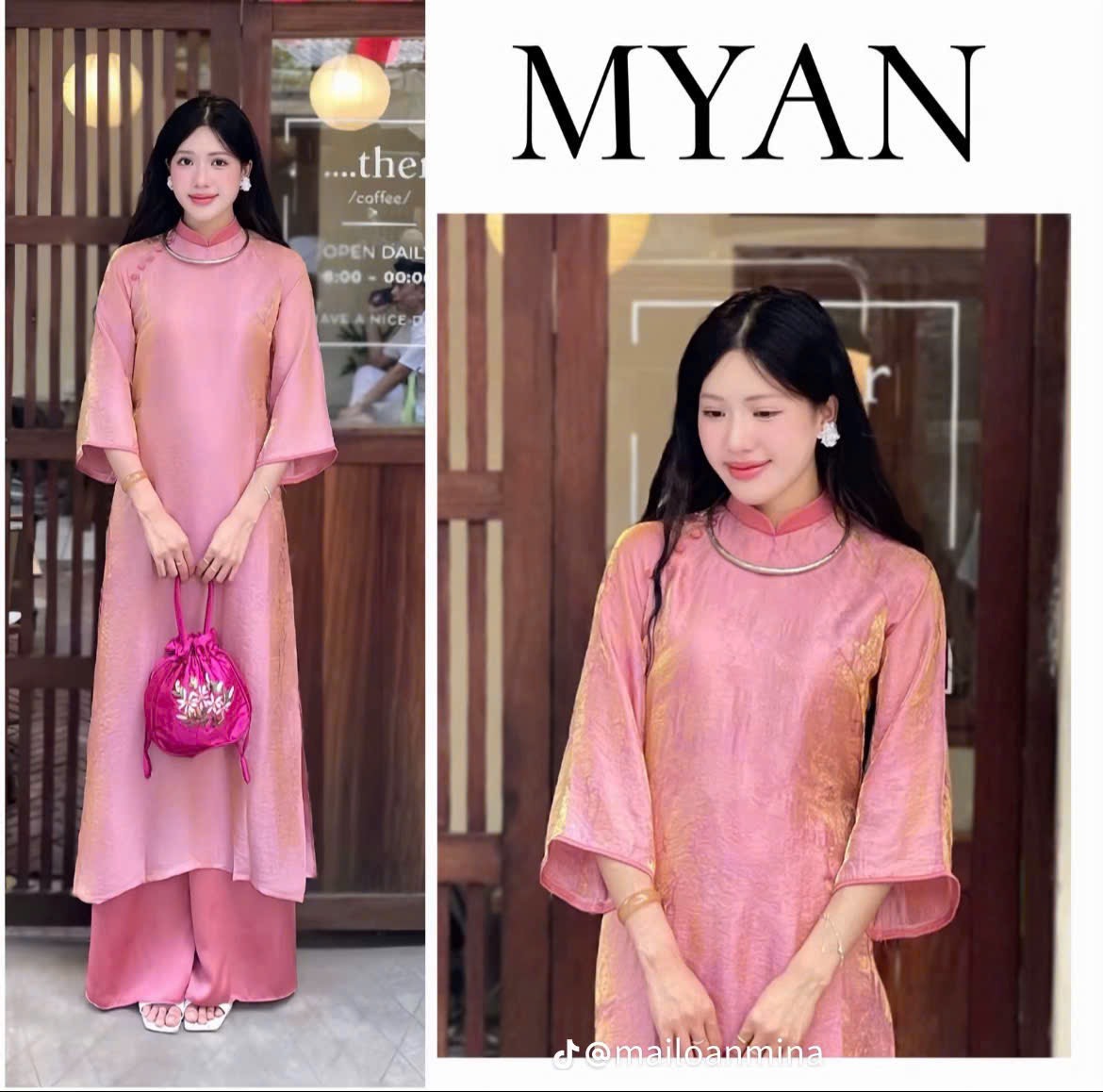 Áo dài gấm nhủ nút bọc cổ tay né viền