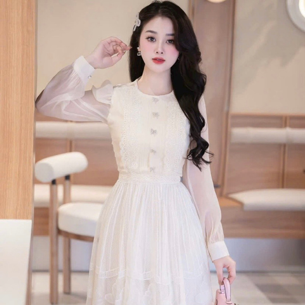 Đầm thiết kế tơ tay dài dáng xoè cao cấp tặng cài nơ