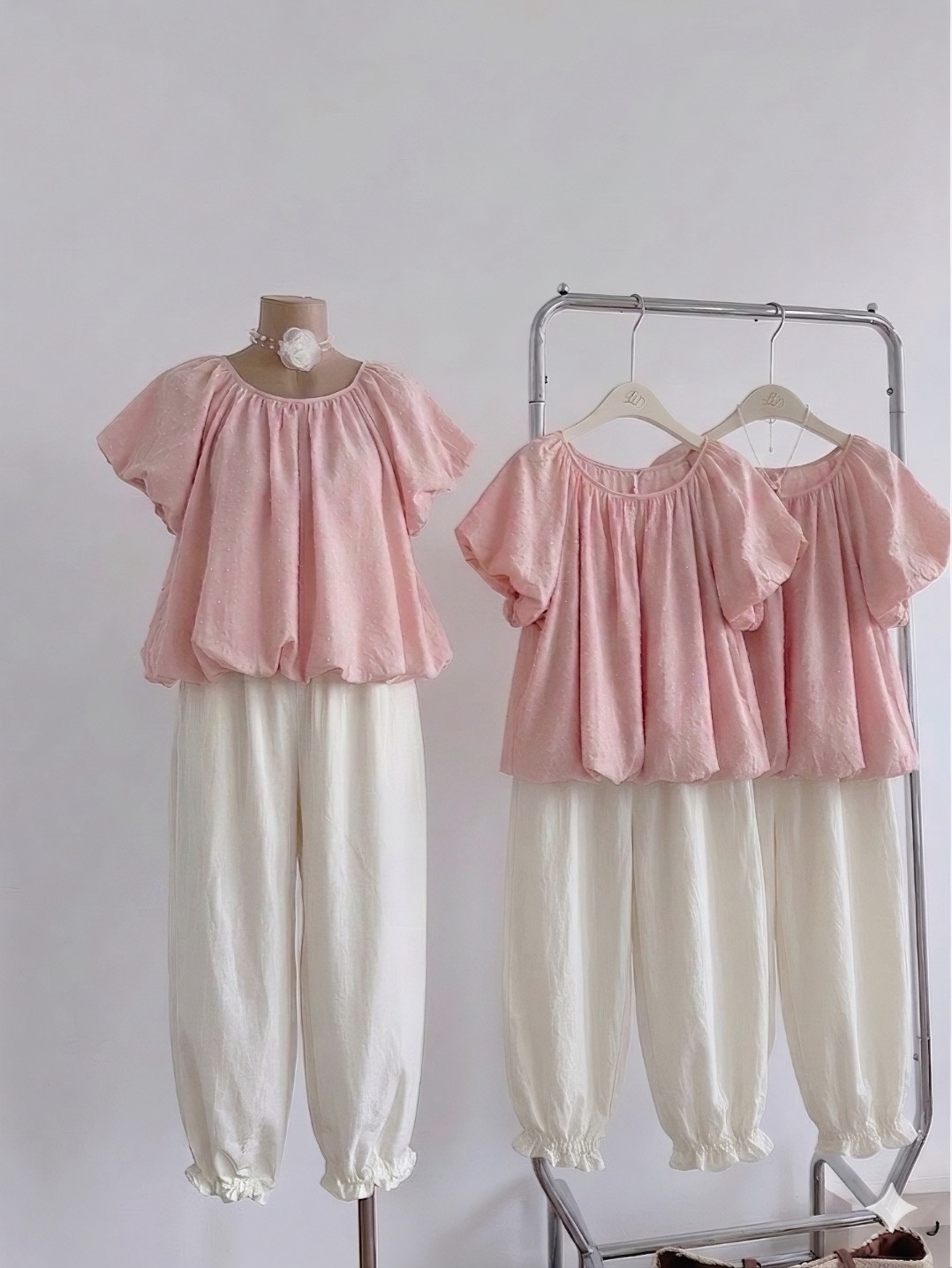 Set áo babydoll chấm bi kèm quần ống rộng bo chân