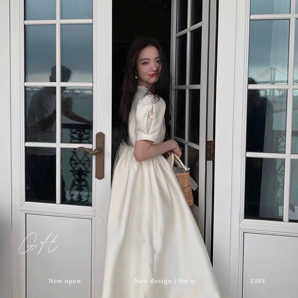 Đầm cổ ngọc đính tay bồng dáng xoè H