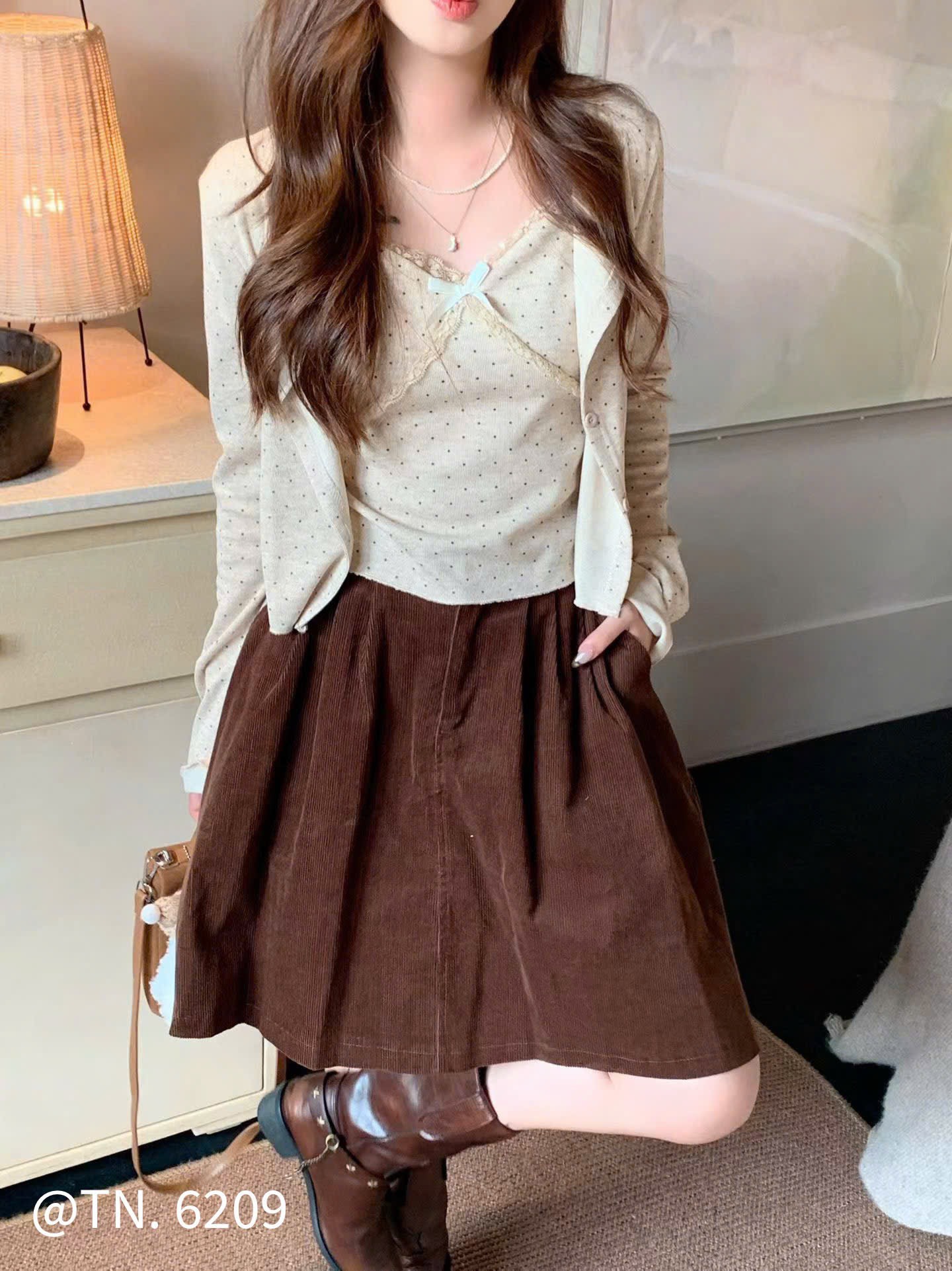 Áo kiểu 2 dây chấm bi ren nơ kèm khoác ngoài tay dài