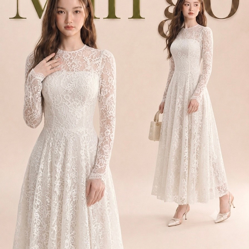Đầm thiết kế cổ tròn ren tay dài dáng dài
