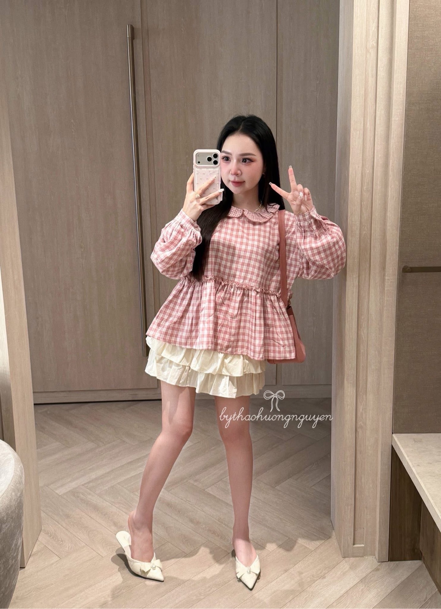 Set babydoll caro kèm chân váy tầng