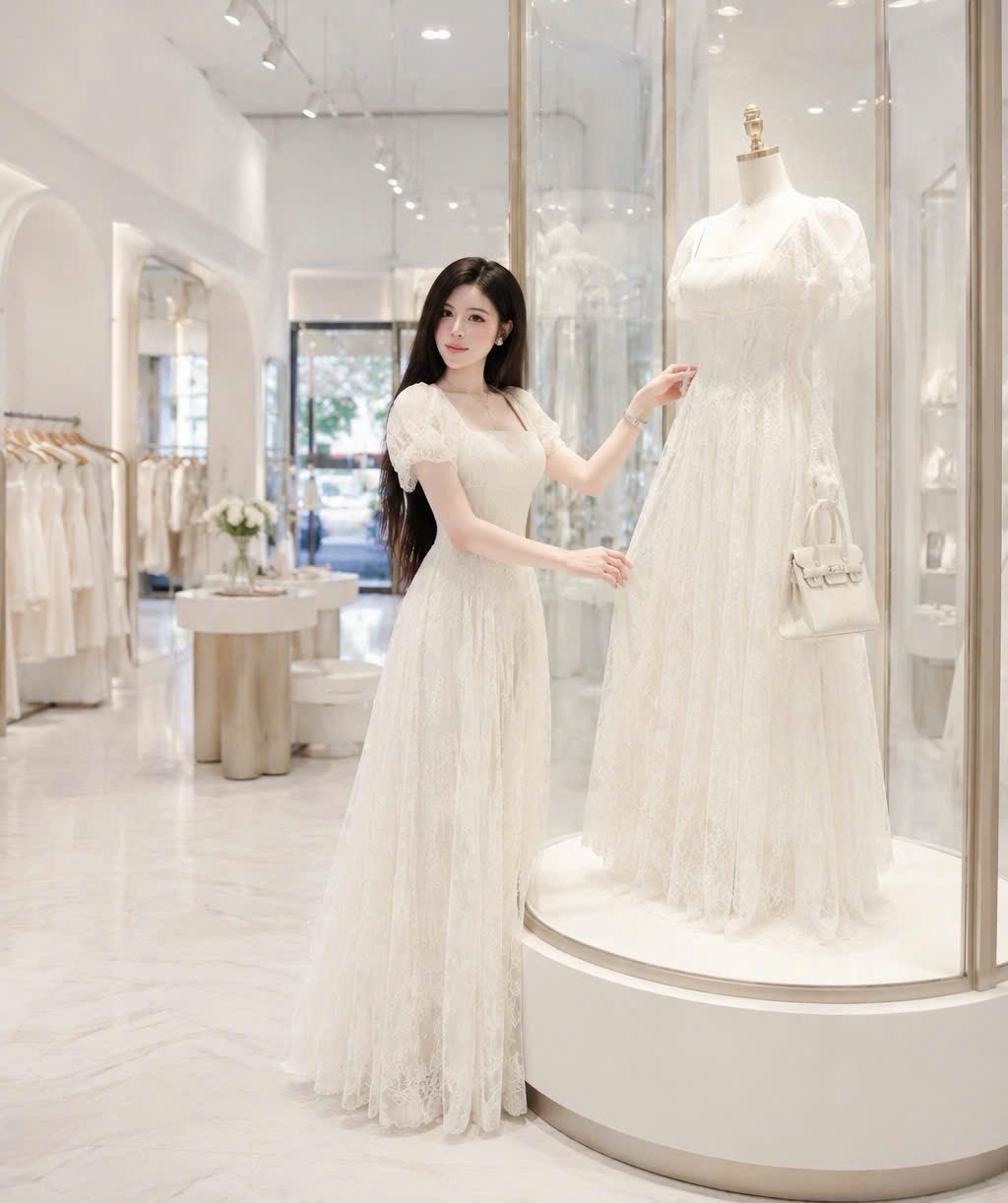 Đầm thiết kế ren tay phồng cổ vuông dáng xoè