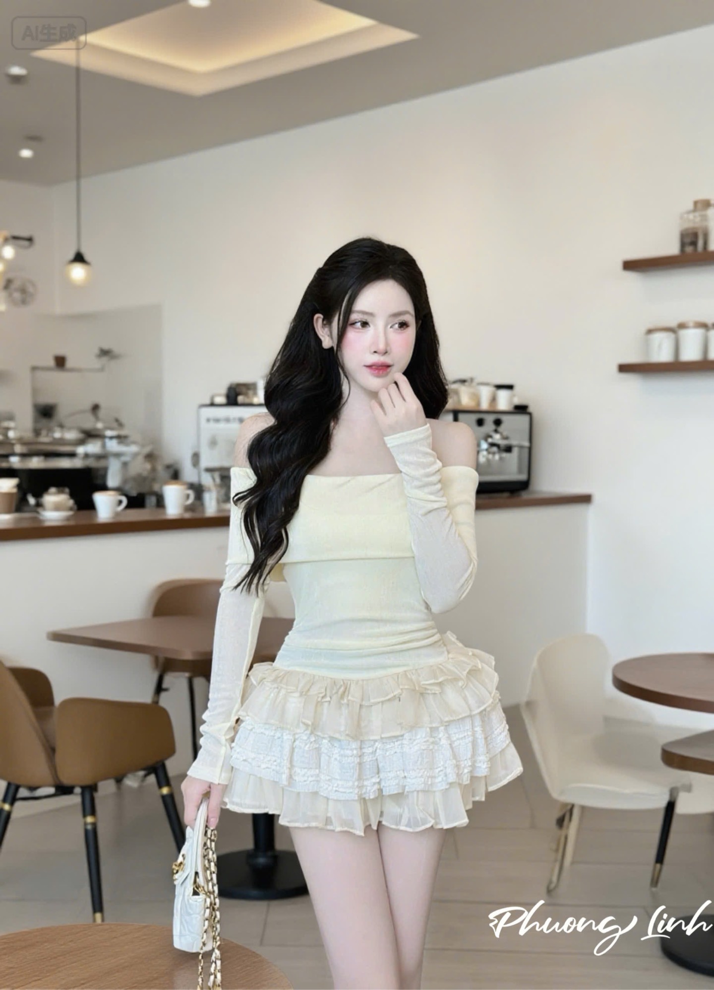 Set trễ vai tay dài chân váy tầng pl