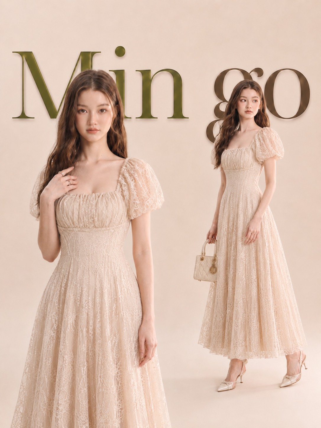 Đầm thiết kế ren tay phồng cổ vuông dáng xoè