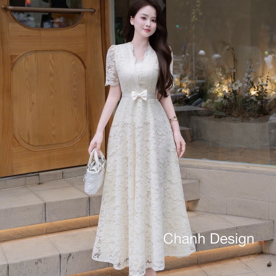 Đầm thiết kế ren cổ V nơ eo