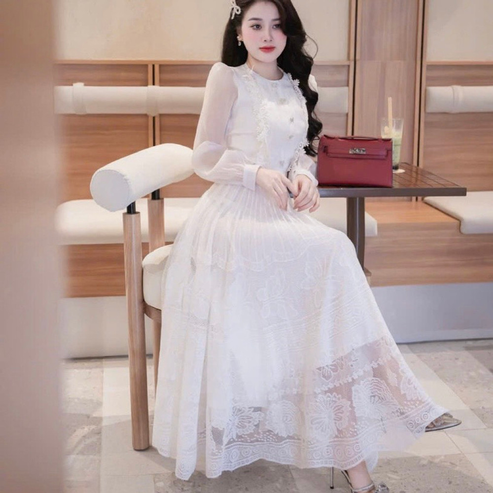 Đầm thiết kế tơ tay dài dáng xoè cao cấp tặng cài nơ