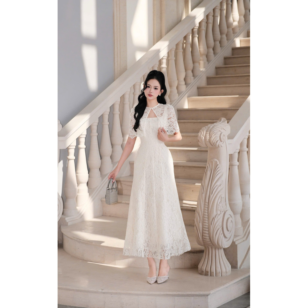 Đầm thiết kế 2 dây ren dáng dài kèm choàng