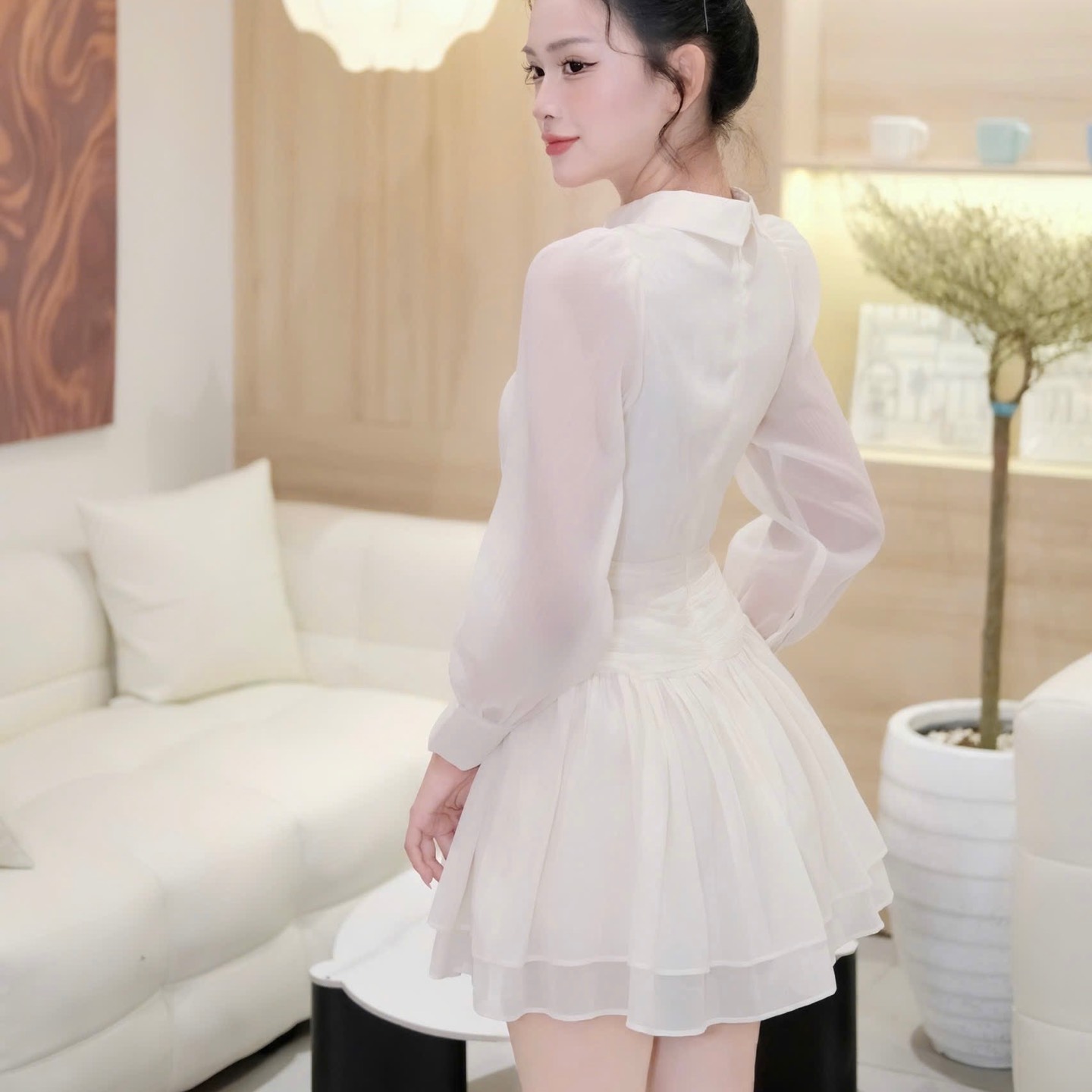 Đầm cổ sơ mi nhọn voan tơ