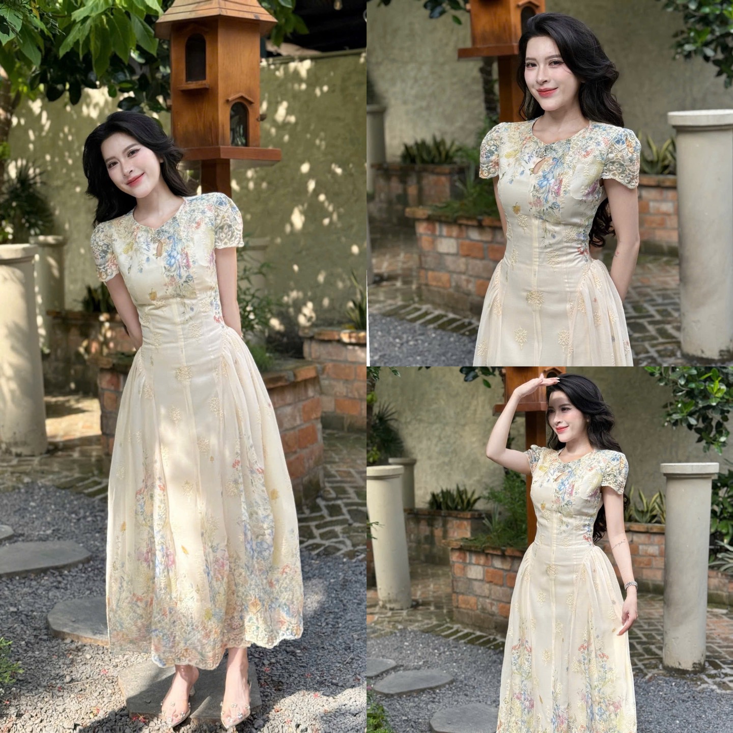 Đầm thiết kế xoè tay phồng hoa nhẹ nhàng