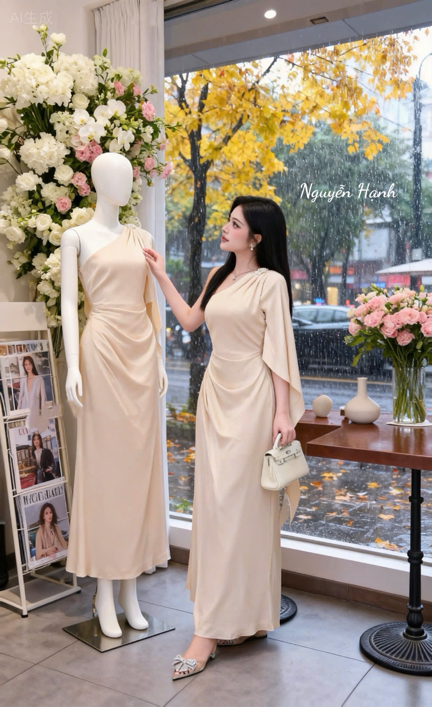 Đầm lụa chéo vai tag đá
