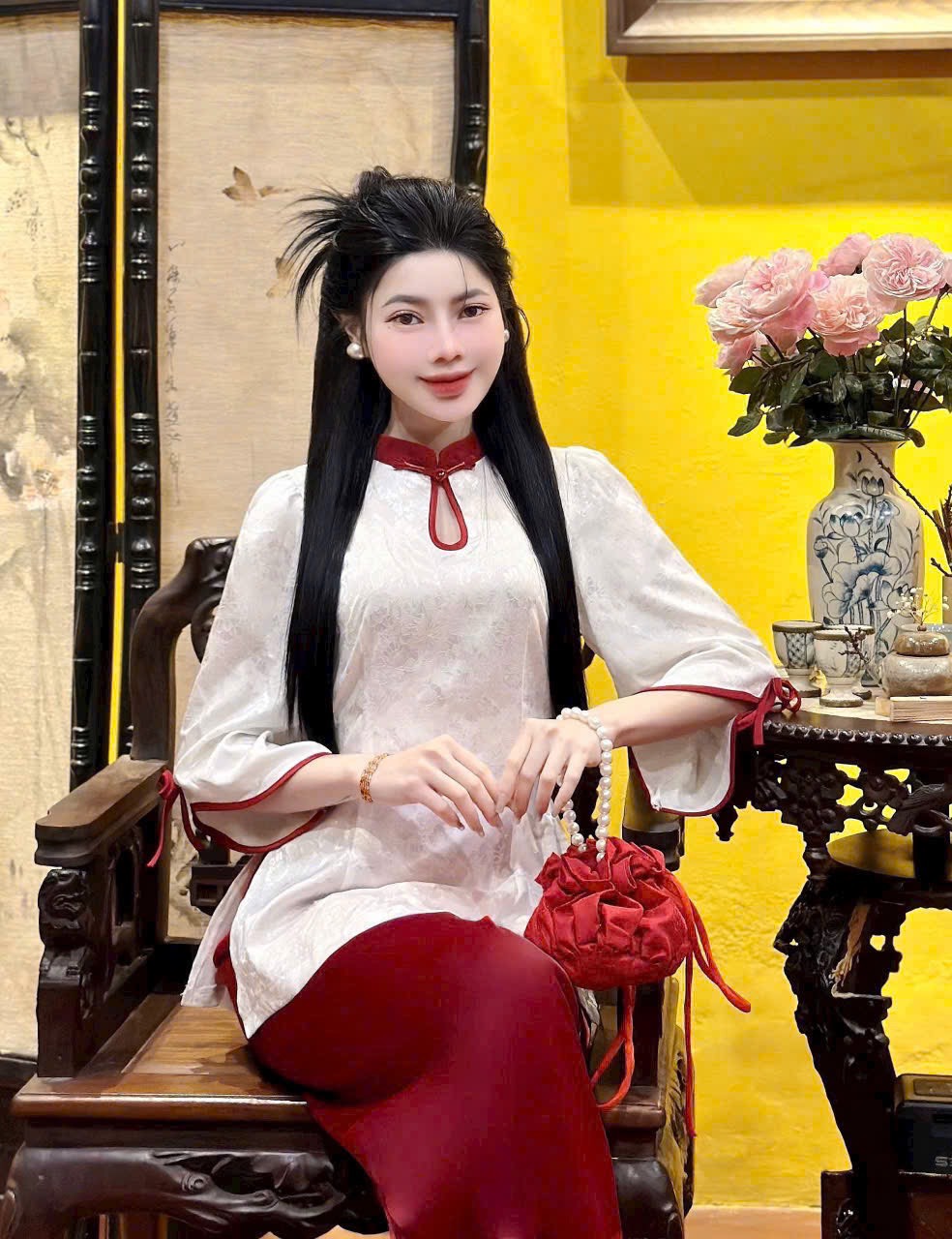 Bộ lam cổ bầu tay lửng +
 nơ