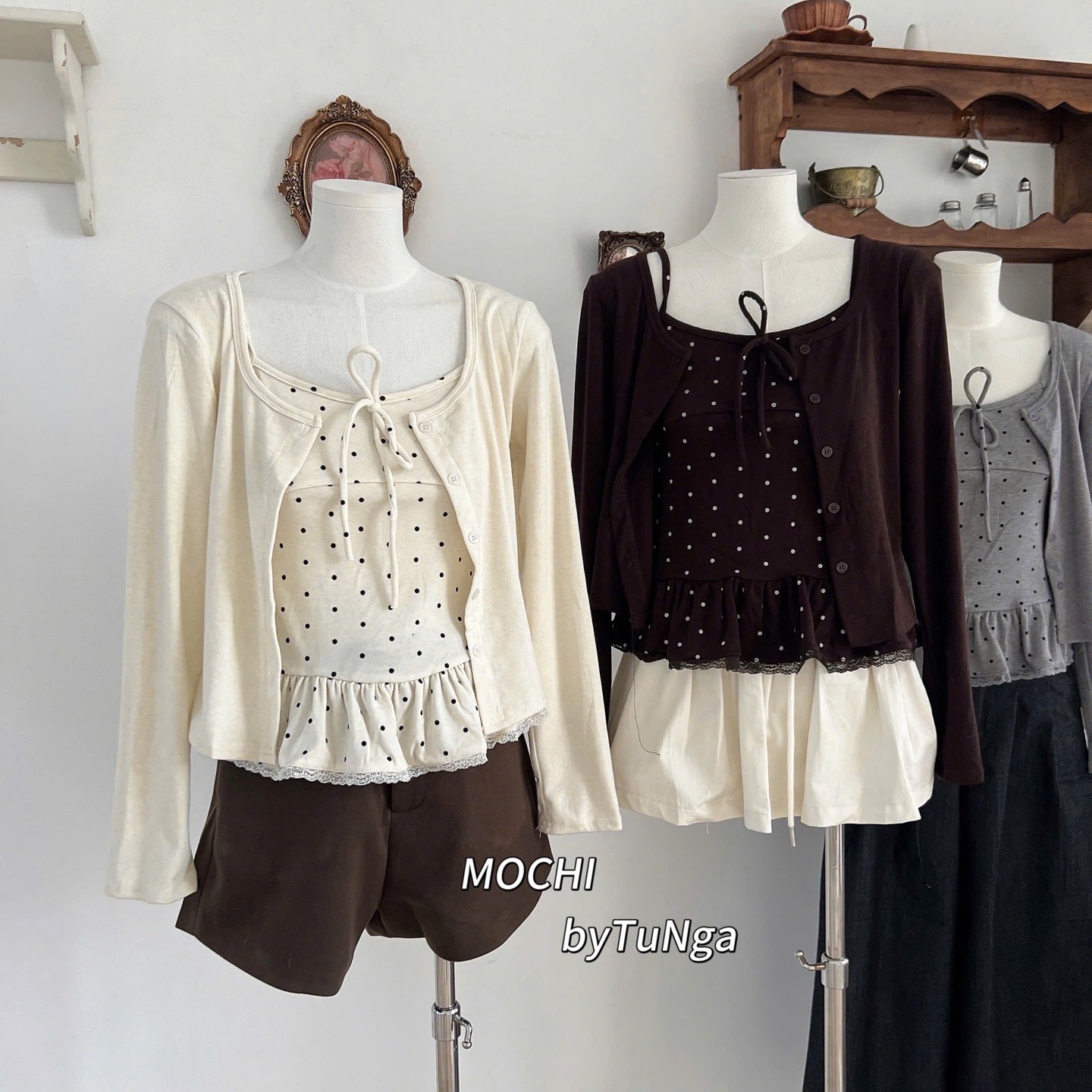 Áo kiểu set khoác áo dây chấm bi