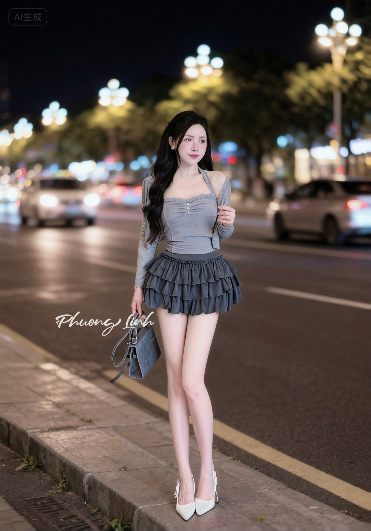 Set áo dây cổ kèm khoác chân váy tầng