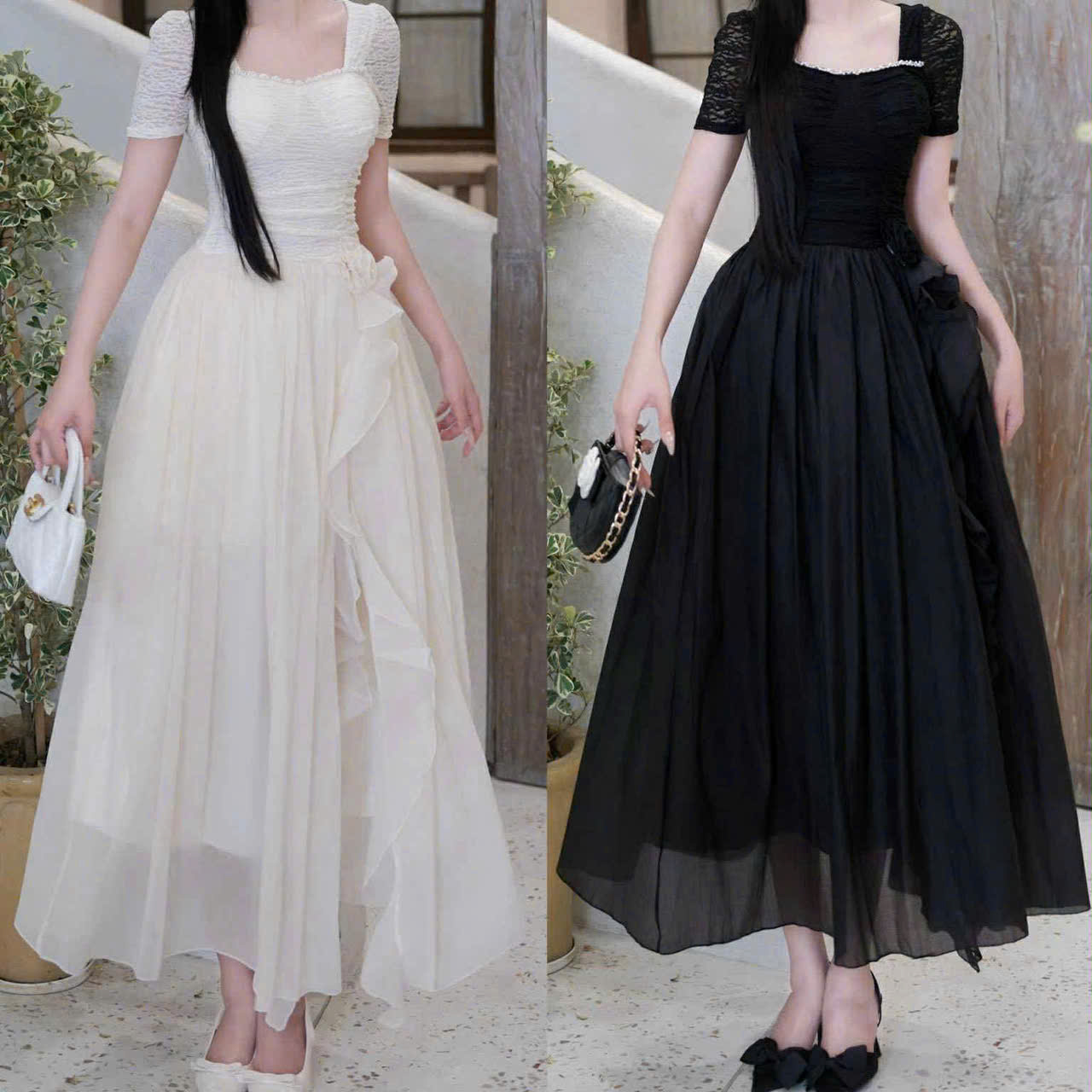 Đầm cổ vuông dáng dài viền ngọc tay ngắn phối ren 
đầm dài phồng thiết kế sang chảnh đi tiệc