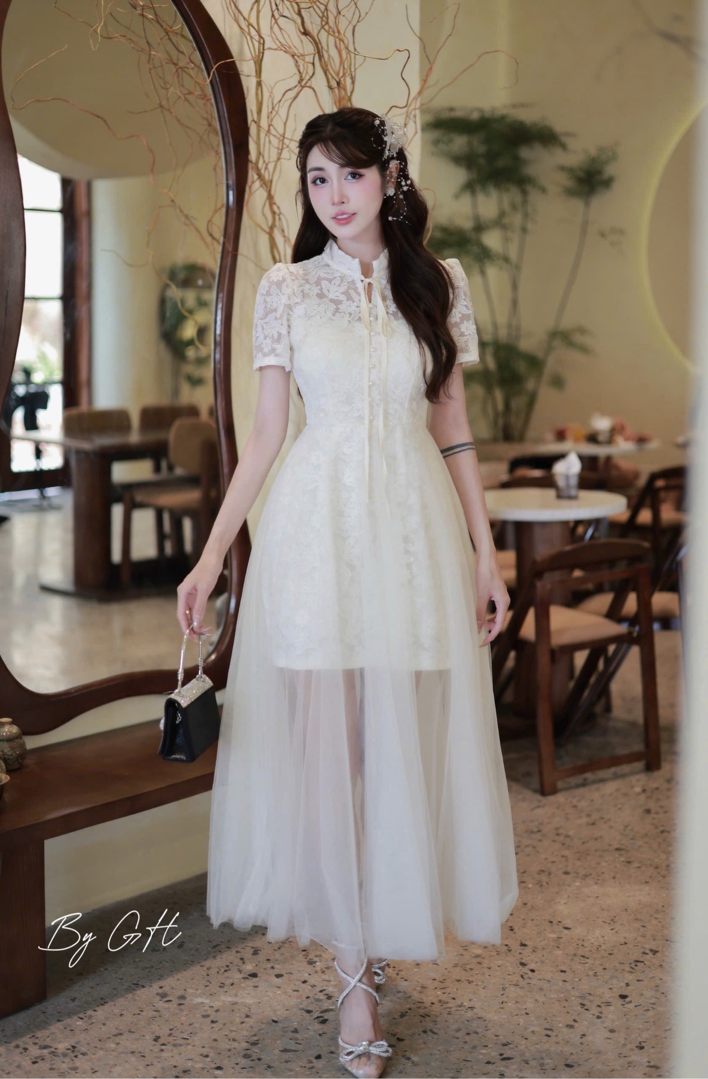 Đàm ren khuy ngọc phối tơ cổ tàu