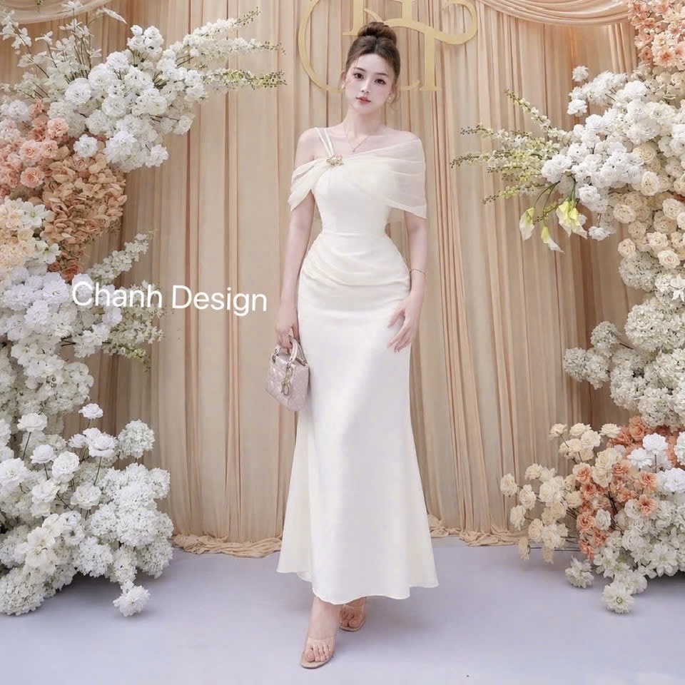 Đầm thiết kế lụa body trễ vai phối voan