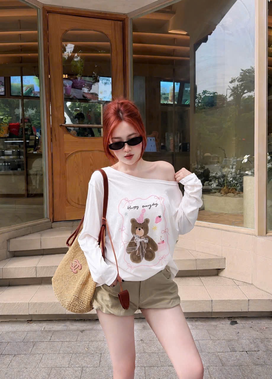 Áo thun giấy lệch vai in giấy Happy everyday