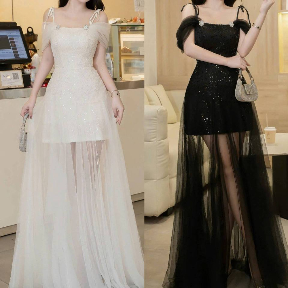 Đầm thiết kế voan 2 dây tùng dài