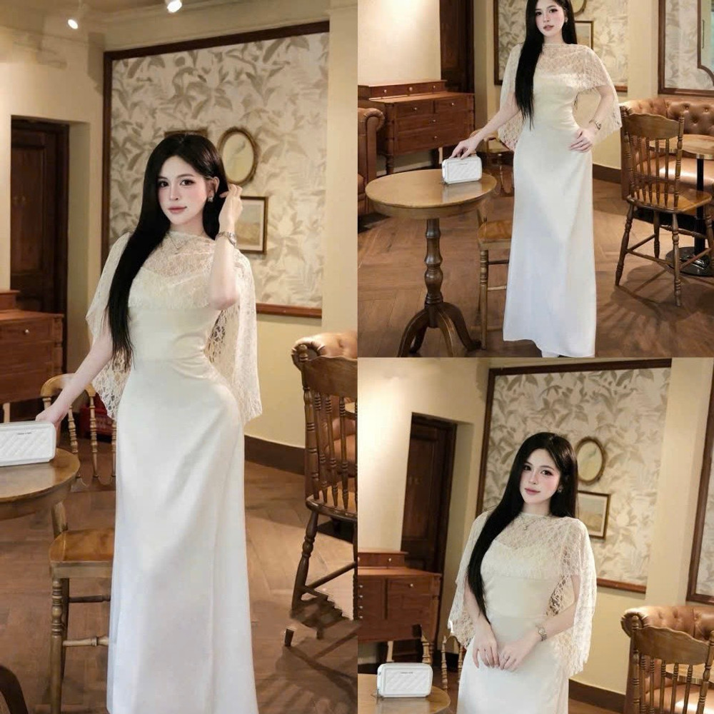 Đầm thiết kế lụa 2 dây kèm áo choàng ren
