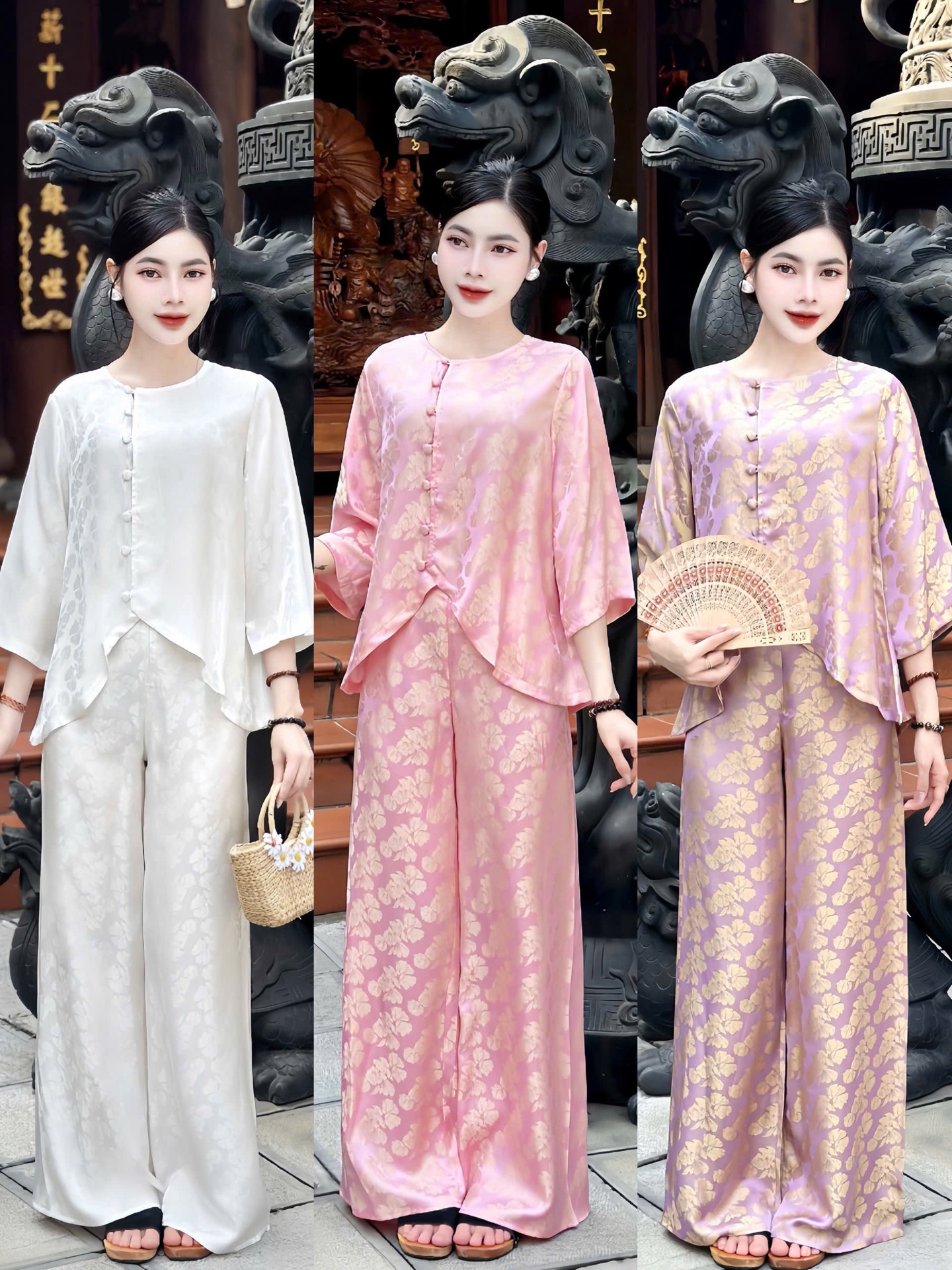 Đồ lam tơ tằm 3 lá may mắn