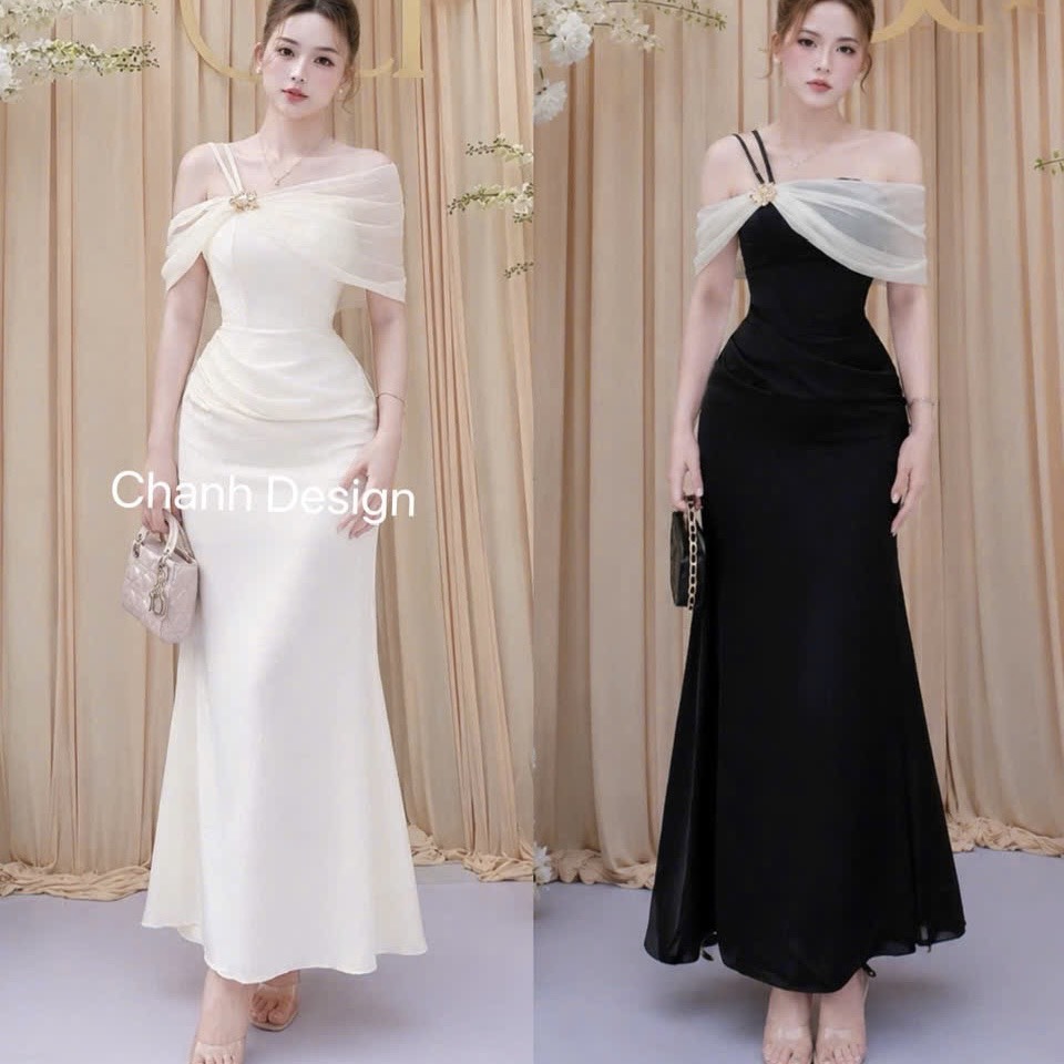 Đầm thiết kế lụa body trễ vai phối voan