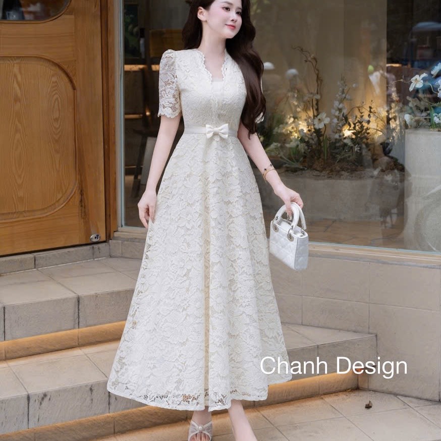 Đầm thiết kế ren cổ V nơ eo