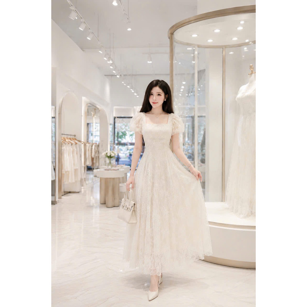 Đầm thiết kế ren tay phồng cổ vuông dáng xoè