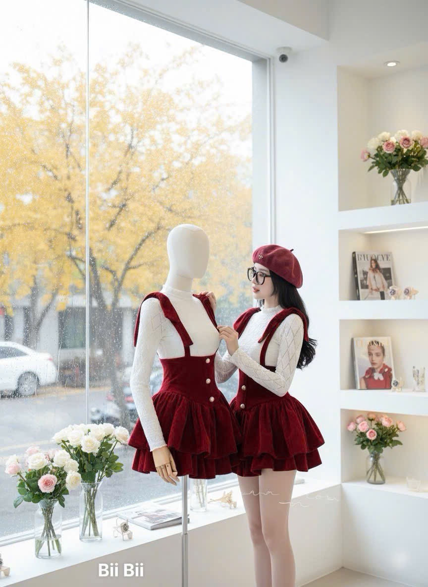 Đầm set dạ yếm chân váy