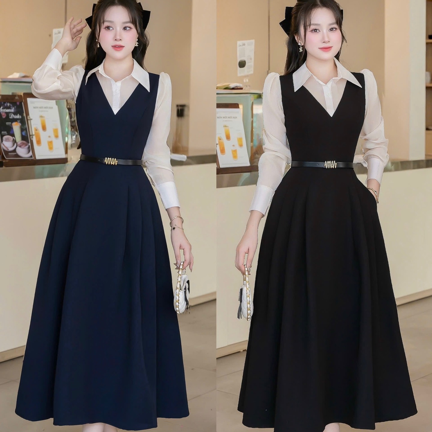 Đầm thiết kế cổ  sơ mi tuyết mưa dáng dàu tay dài